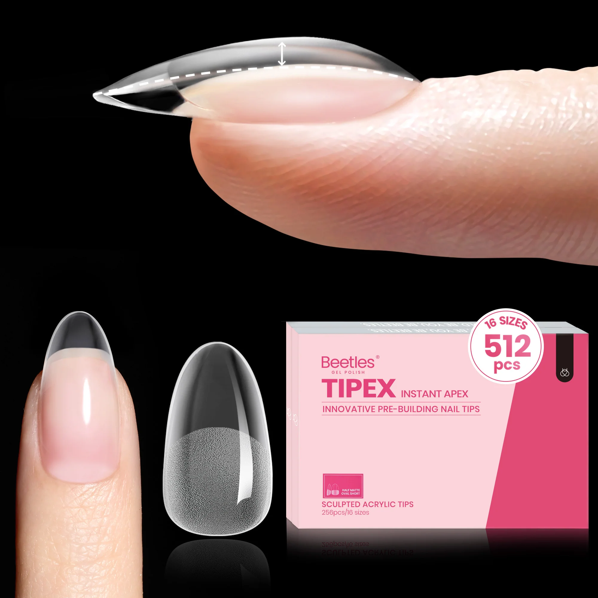 Beetles Pro Tipex Instant Apex Nail Tips, Short Oval 512pcs, Thicker Strong Acrylic Tips for DIY Salon-look Extensions