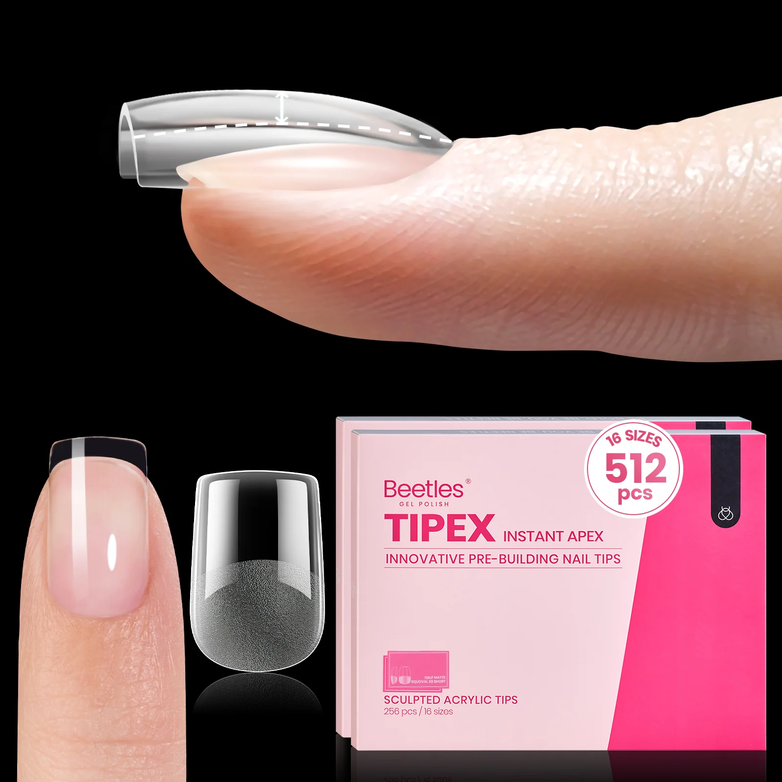 Beetles Pro Tipex Instant Apex Nail Tips, XS Square 512pcs, Thicker Strong Acrylic Tips for DIY Salon-look Extensions