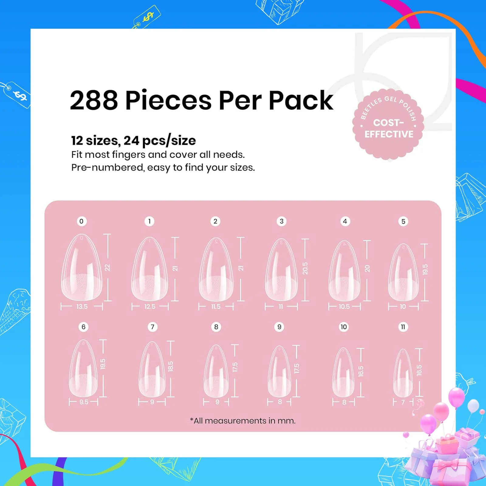 Beetles Short Almond Nail Tips: 12 Sizes 288 PCS Half Matte Full Cover Gel Tips Clear Acrylic Gel Nail Tips Almond Shape for DIY Extension - Image 3