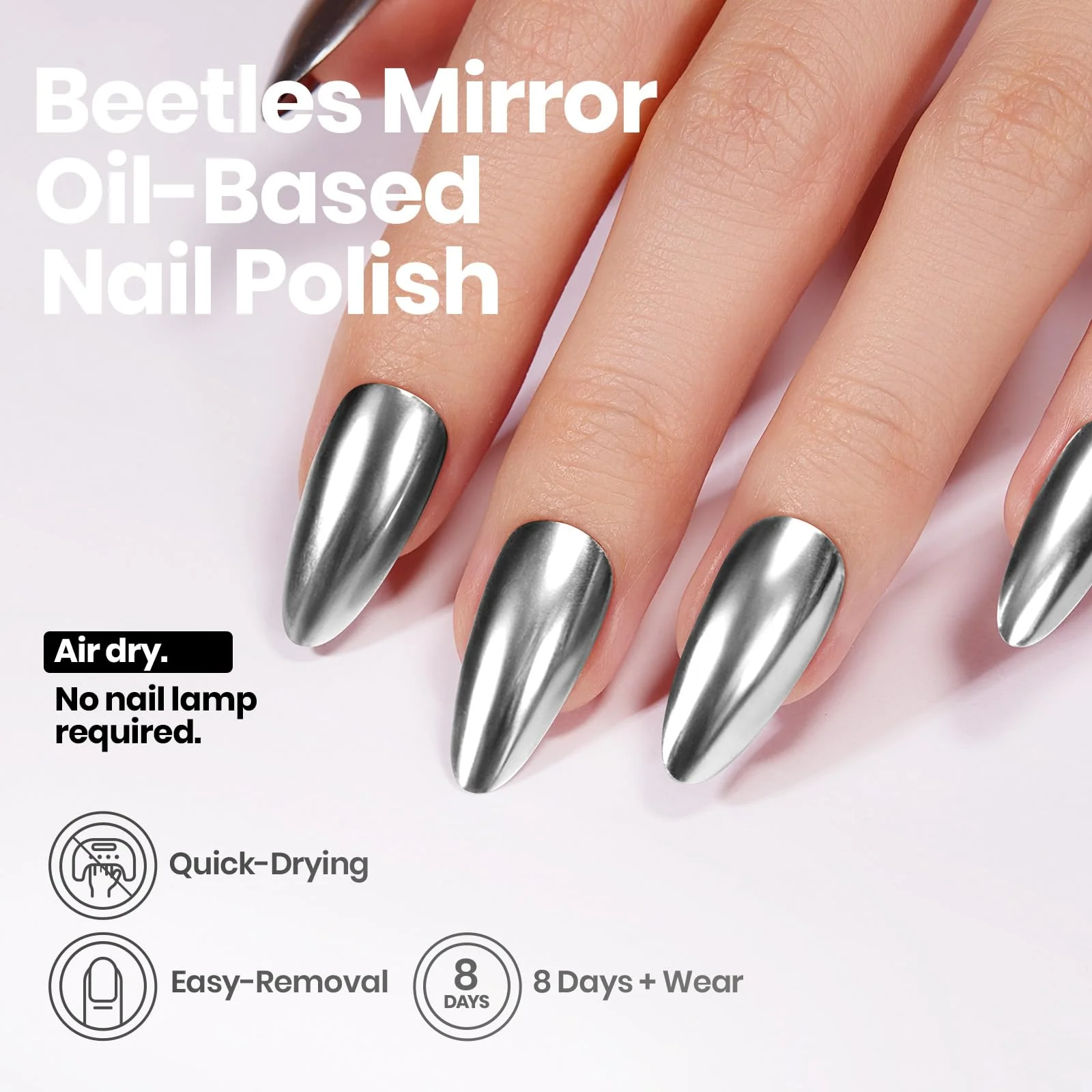 Beetles Silver Mirror Nail Polish - Chrome Glint 15ml Quick Dry Metallic Nail Polish Chrome Mirror Effect High Glossy - Image 5