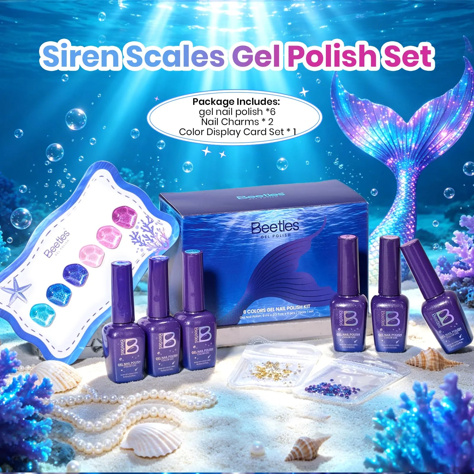 Beetles Siren Scale Glitter 6 Colors Gel Nail Polish Set 9ml With Rhinestones & Swatch Card - Image 2