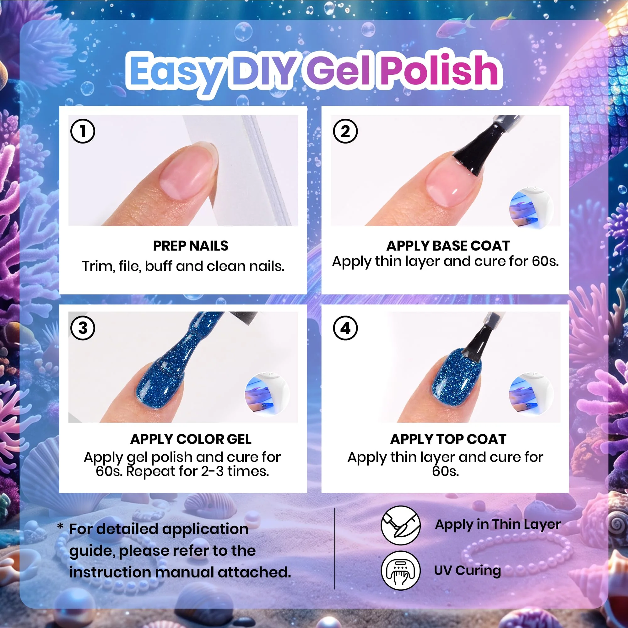 Beetles Siren Scale Glitter 6 Colors Gel Nail Polish Set 9ml With Rhinestones & Swatch Card - Image 8