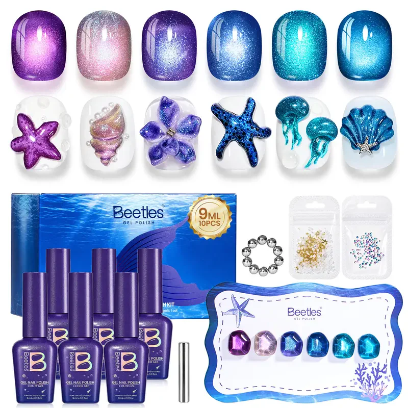 Beetles Siren Song Cat Eye  6 Colors 9ml Gel Nail Polish Set With Cat Eye Magnet Water Ripple Magnet Stick Nail Charms
