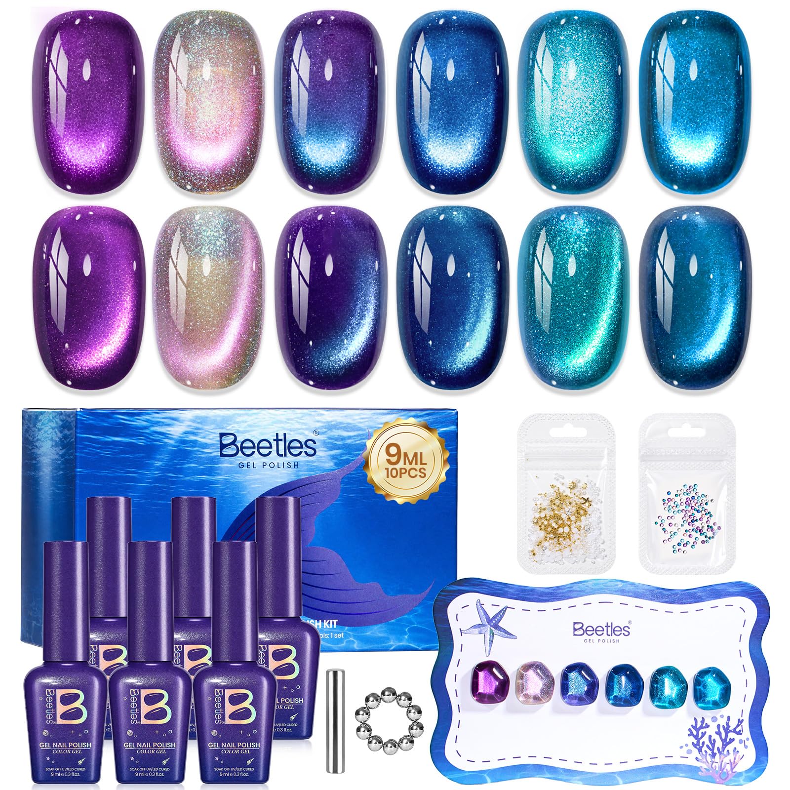 Beetles Siren Song Cat Eye  6 Colors 9ml Gel Nail Polish Set With Cat Eye Magnet Water Ripple Magnet Stick Nail Charms - Image 9