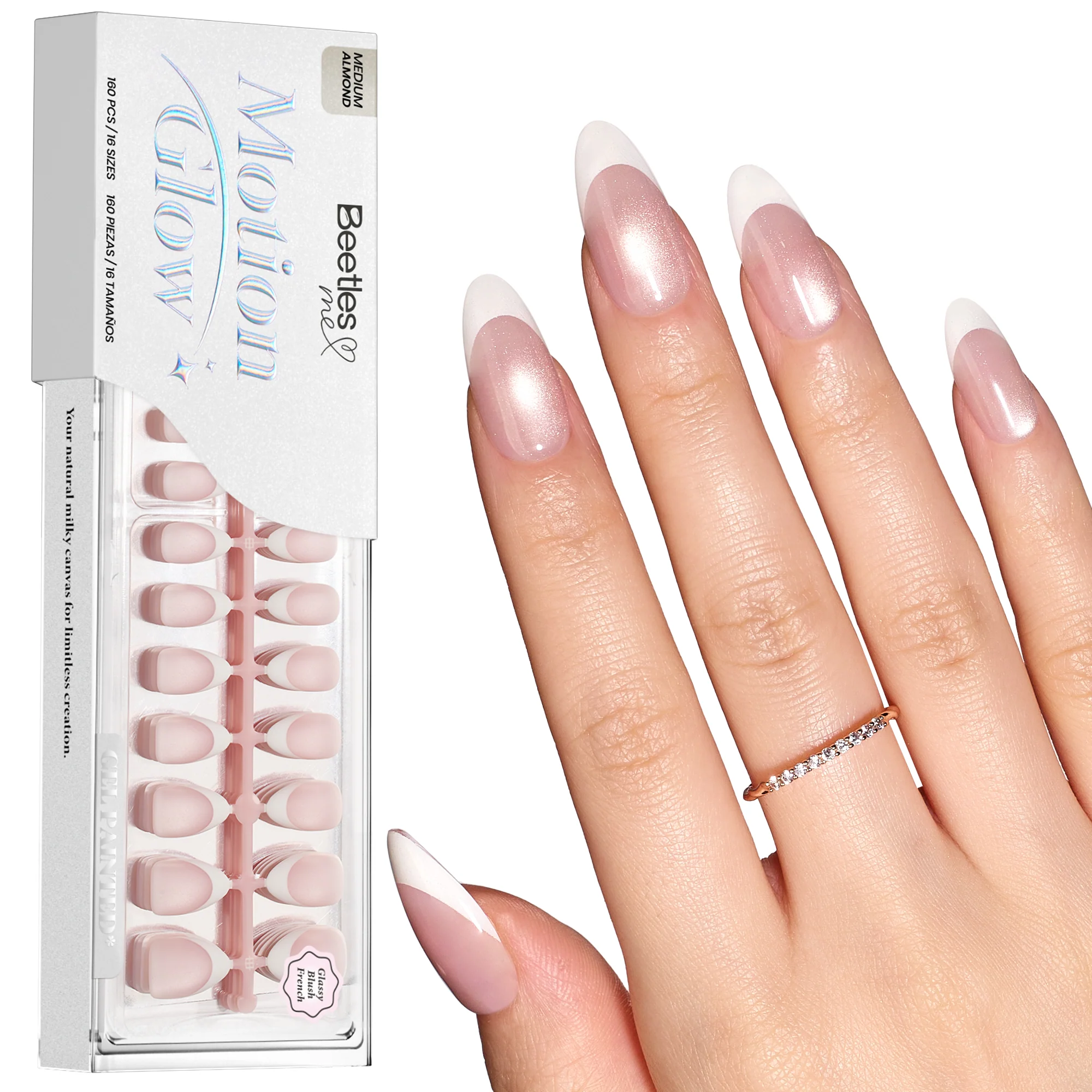 Beetles Stay Shining Glassy Blush French Press On Nails Medium Almond 160 PCS