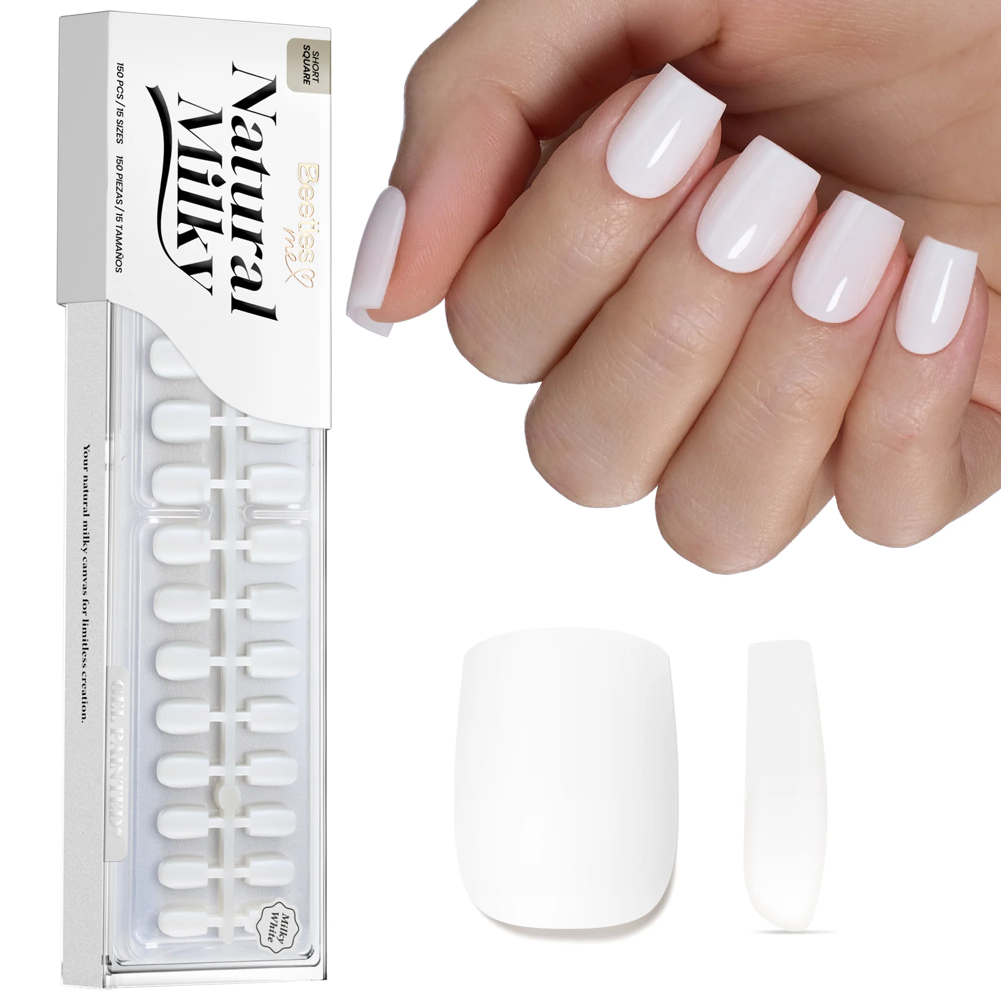Beetles Stay Shining Milky White Press on Nails Short Square