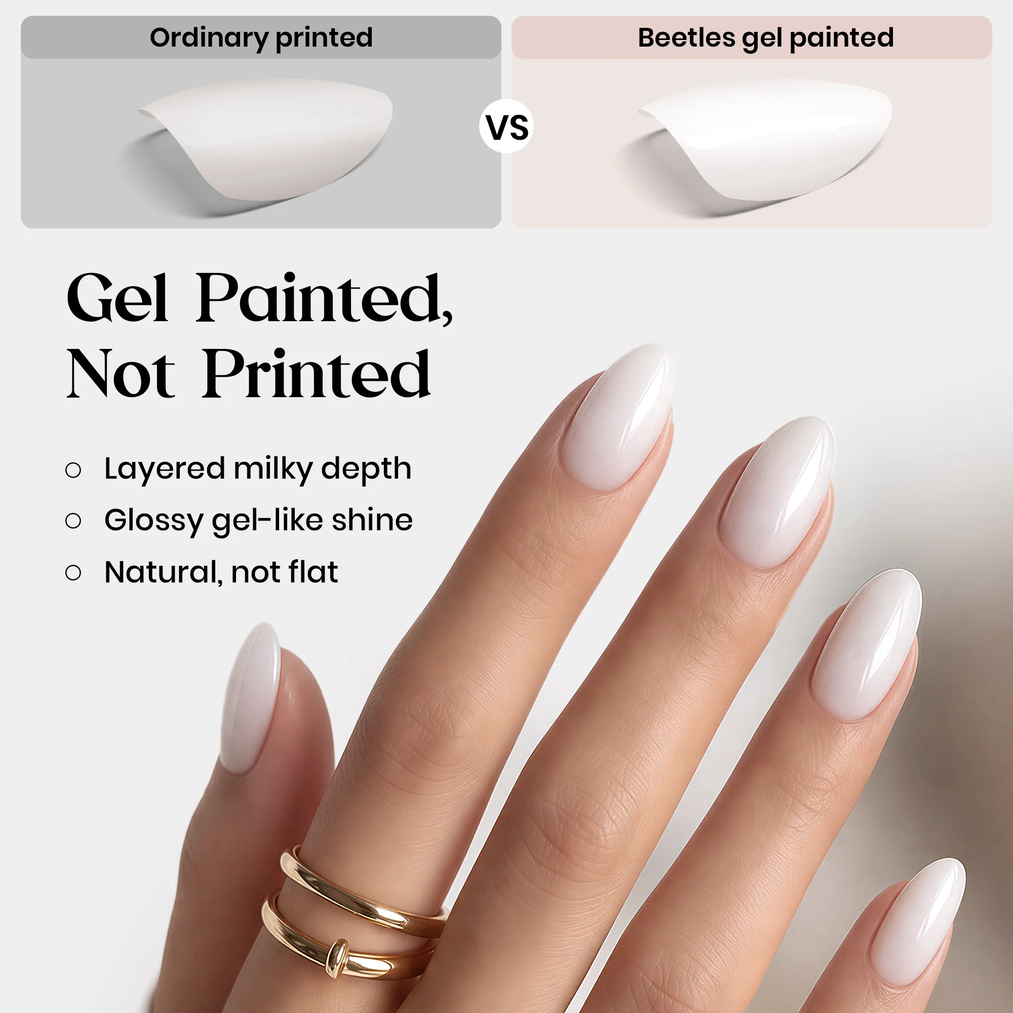 Beetles Stay Shining Milky White Press On Nails Short Almond - Image 3
