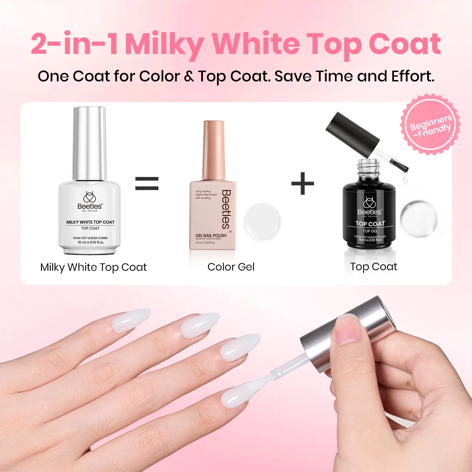 Beetles Stay Shining Milky White Top Coat HEMA Free & TPO Free 15ml - Image 2