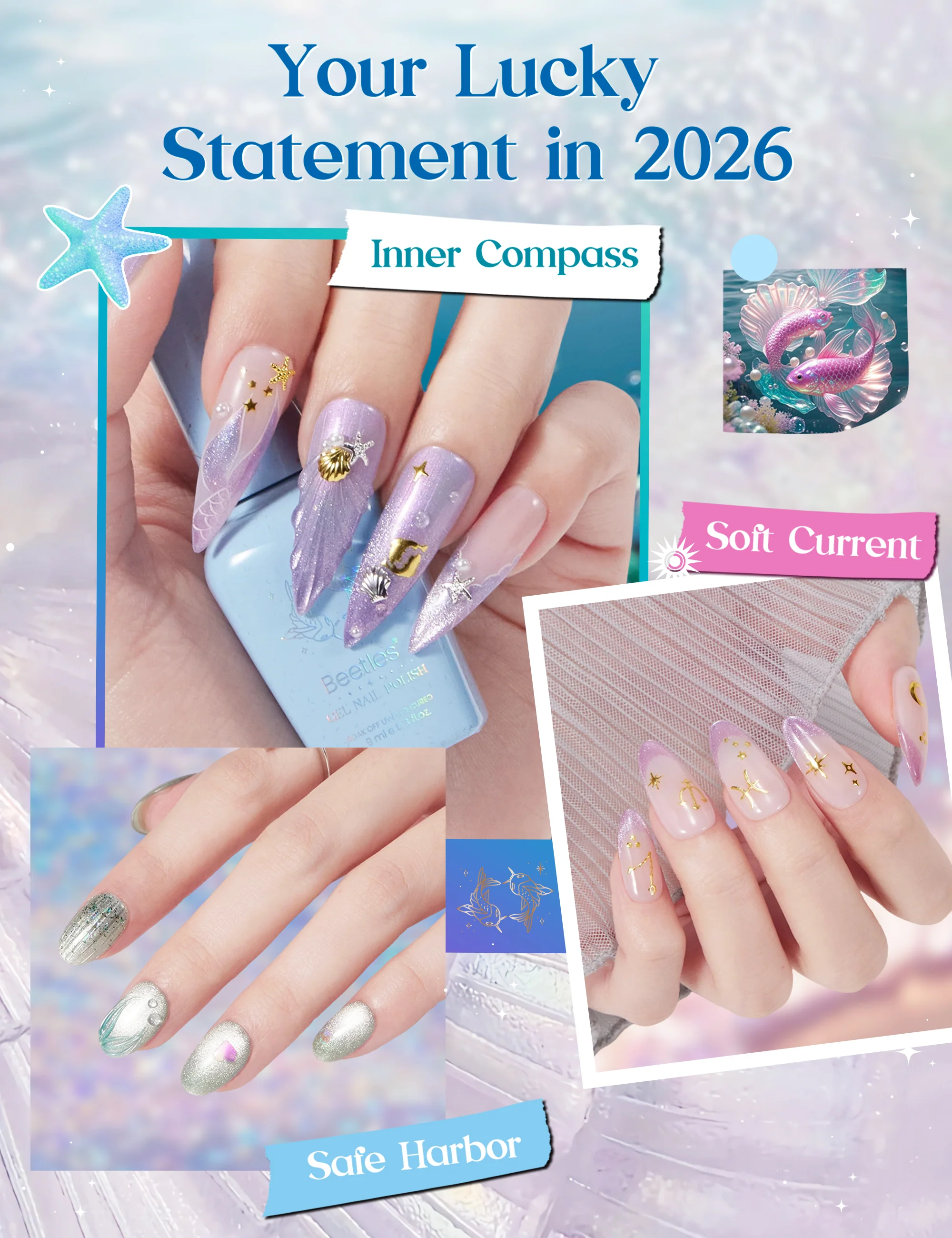 Beetles Stay Shining Pisces Fantasy HEMA Free TPO Free Summer Lucky Box, All-in-One Nail Art Set with Tools, Necklace Badge, Salon DIY Zodiac Gift for Women - Image 6
