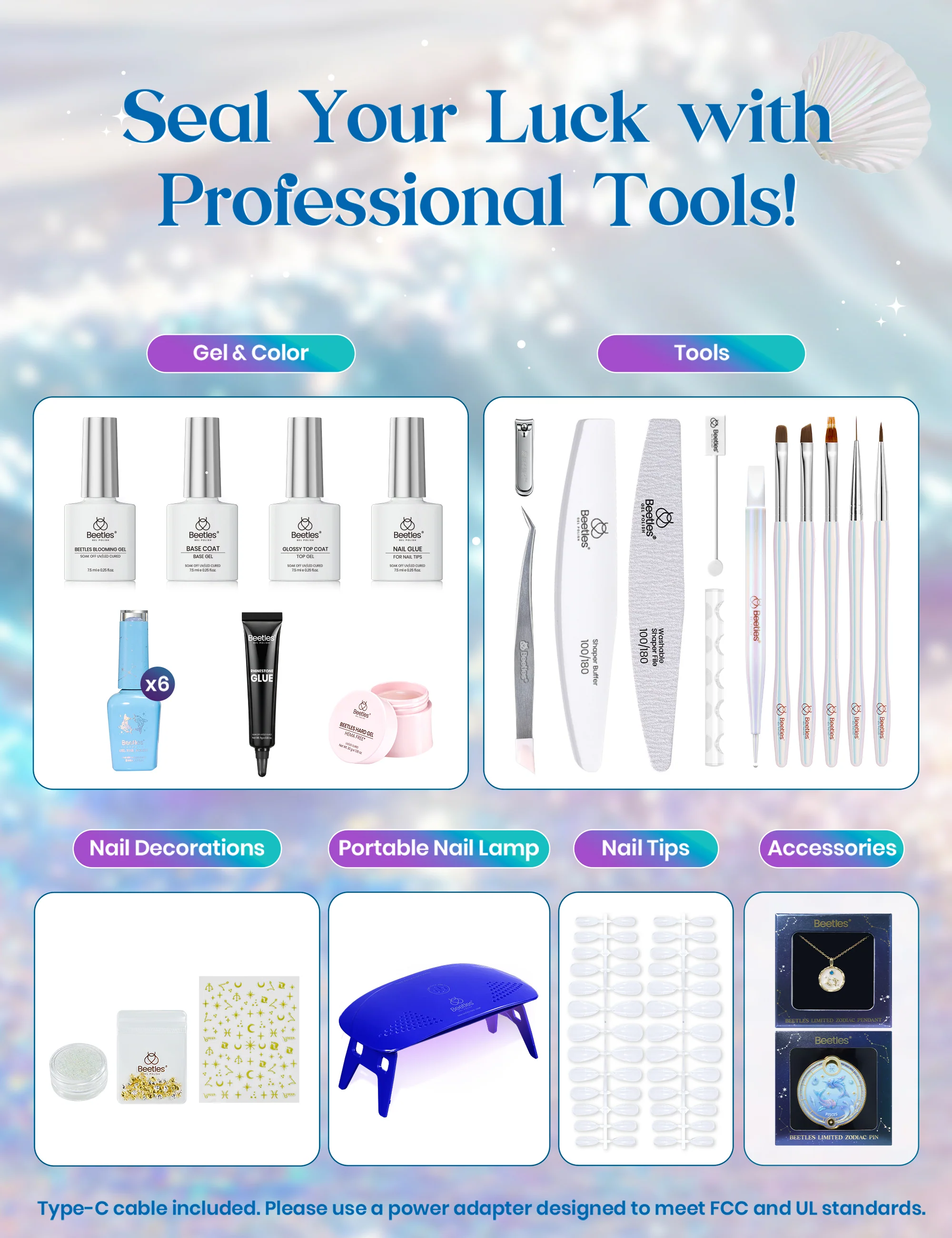 Beetles Stay Shining Pisces Fantasy HEMA Free TPO Free Summer Lucky Box, All-in-One Nail Art Set with Tools, Necklace Badge, Salon DIY Zodiac Gift for Women - Image 7