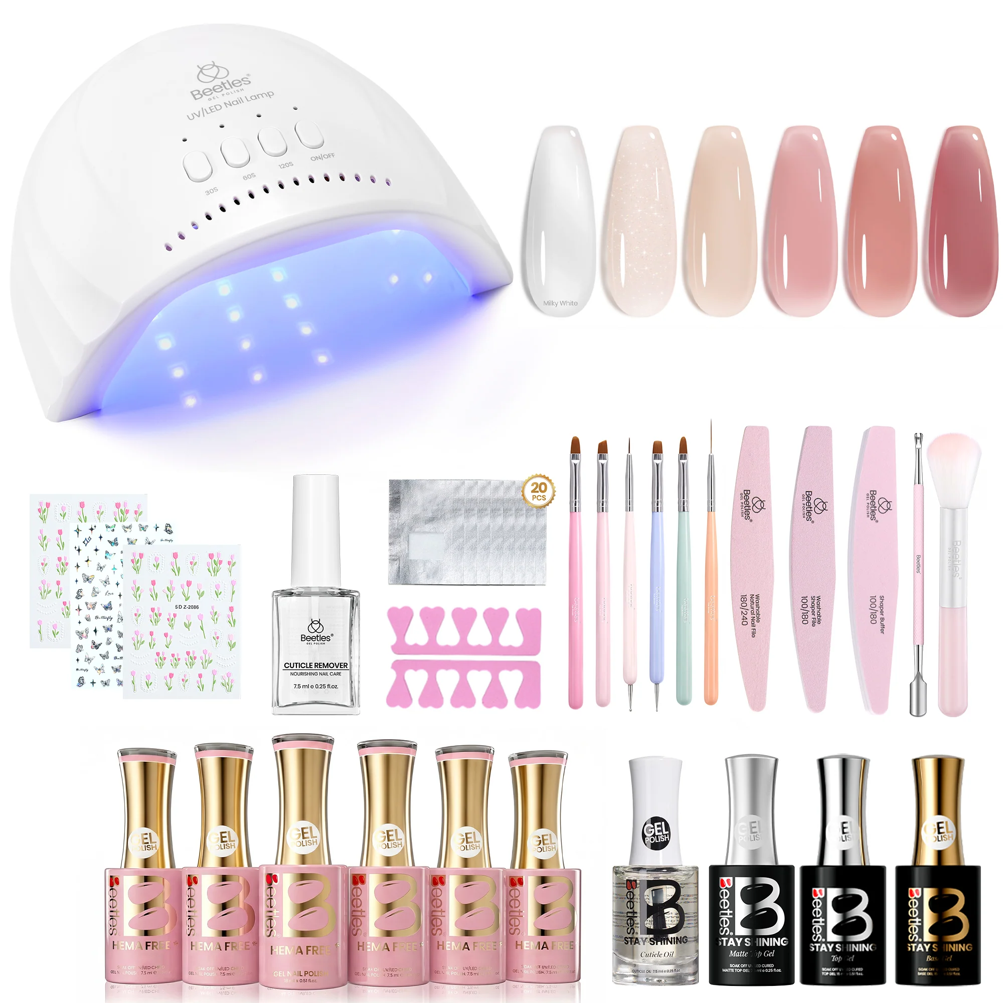 Beetles Stay Shining Whispers of Love HEMA-FREE TPO FREE Gel Nail Kit with UV Light, DIY Salon-Quality at Home