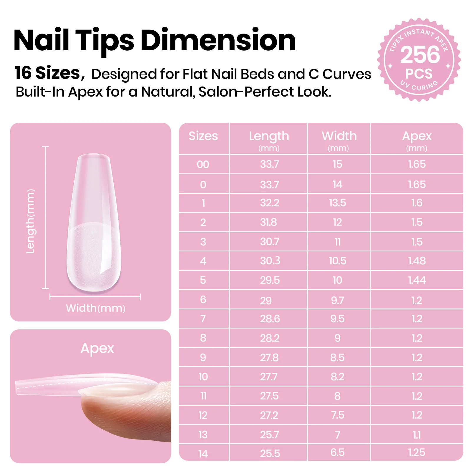 Beetles Stay Shinning Tipex Lite Instant Apex Nail Tips, Long Coffin, 256pcs 16 Sizes for DIY Salon-look Extensions - Image 4