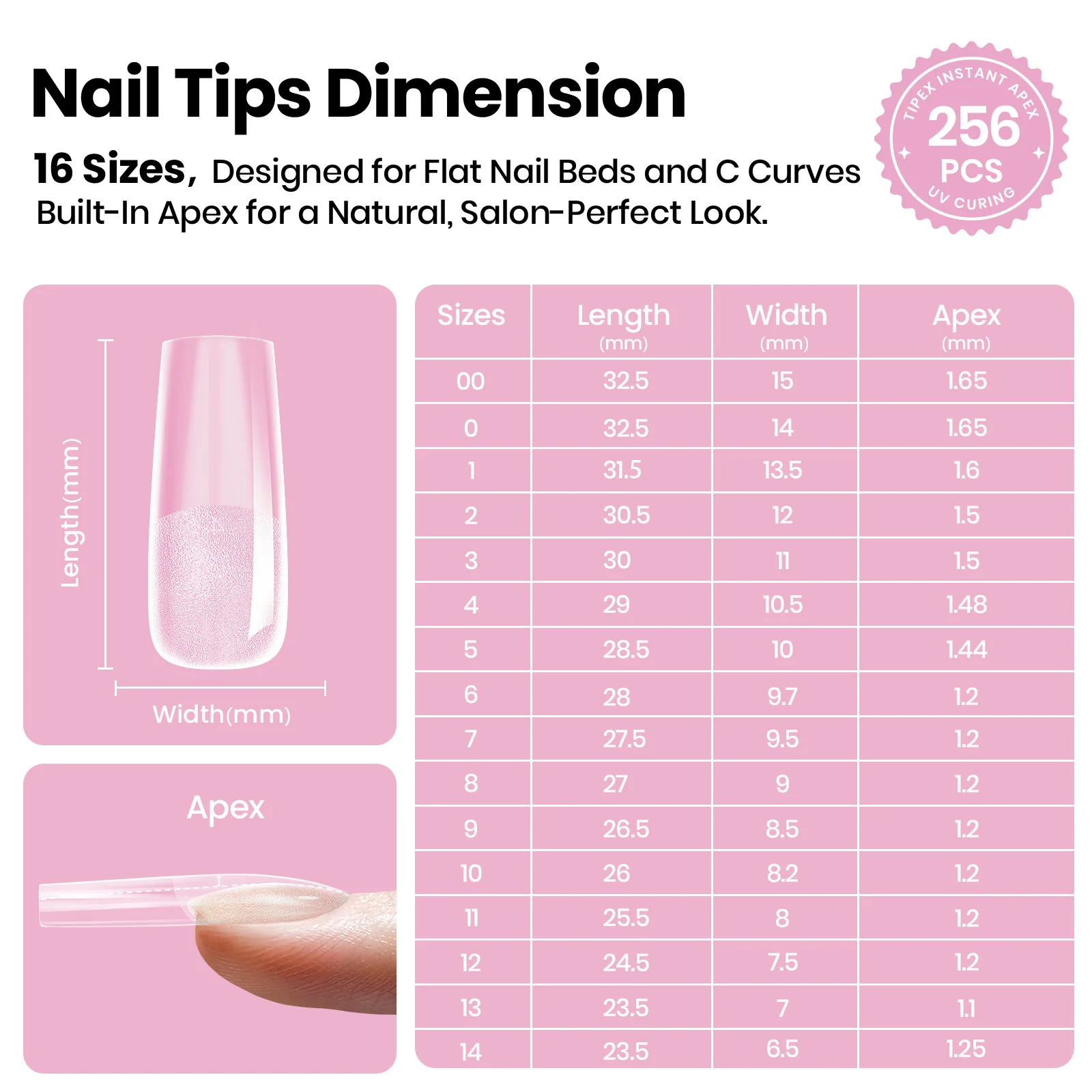 Beetles Stay Shinning Tipex Lite Instant Apex Nail Tips, Long Square, 256pcs 16 Sizes for DIY Salon-look Extensions - Image 4