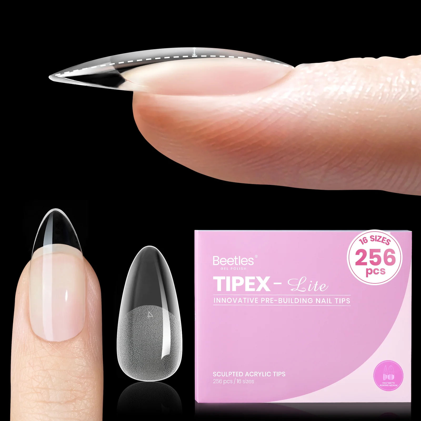 Beetles Stay Shinning Tipex Lite Instant Apex Nail Tips, Medium Almond, 256pcs 16 Sizes for DIY Salon-look Extensions