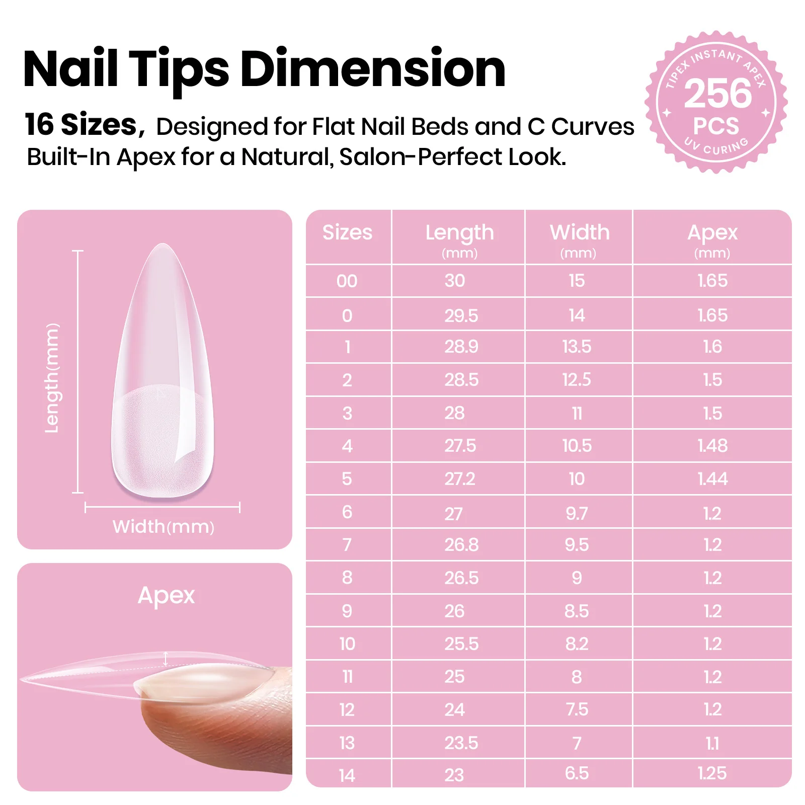 Beetles Stay Shinning Tipex Lite Instant Apex Nail Tips, Medium Stiletto, 256pcs 16 Sizes for DIY Salon-look Extensions - Image 4
