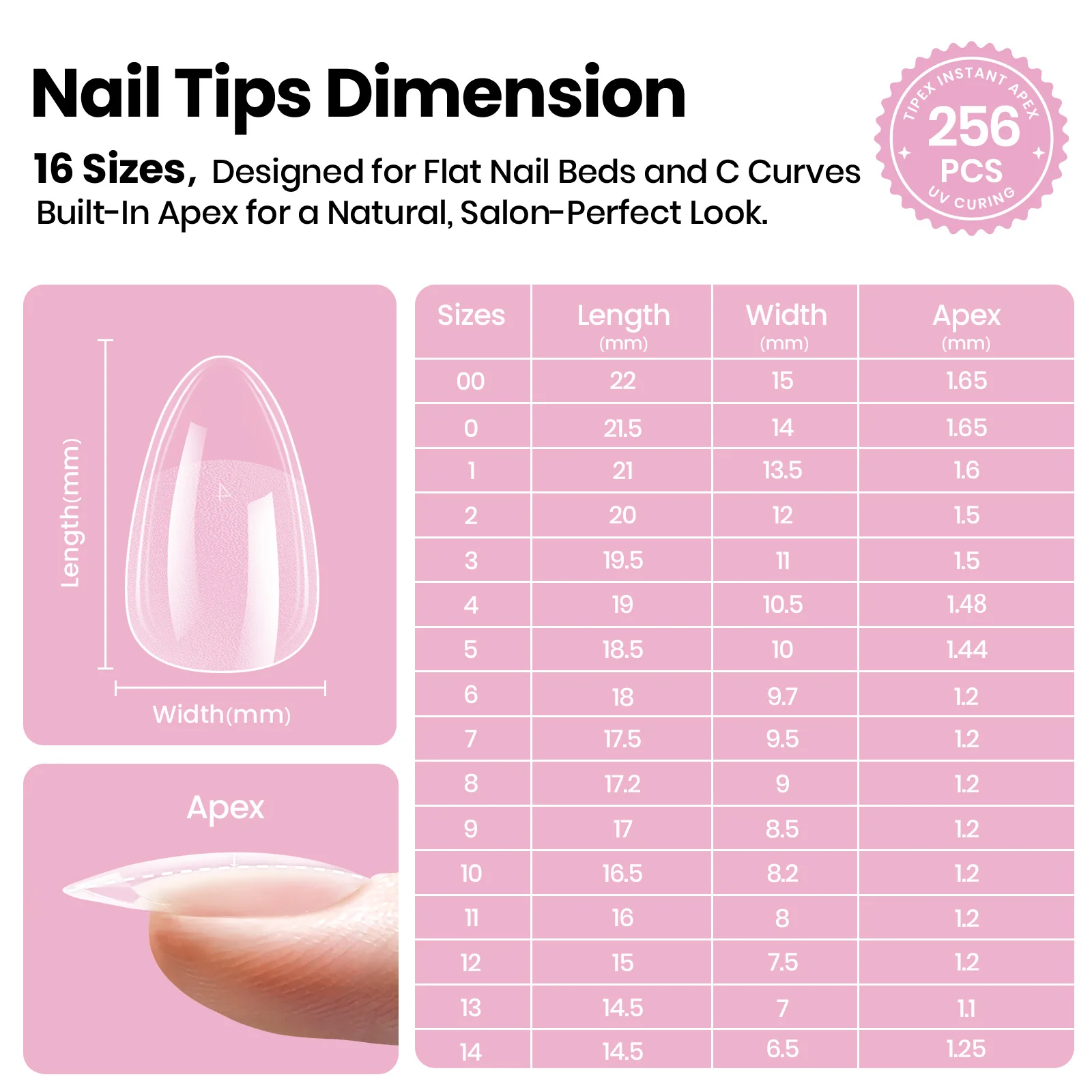 Beetles Stay Shinning Tipex Lite Instant Apex Nail Tips, Short Almond, 256pcs 16 Sizes for DIY Salon-look Extensions - Image 4