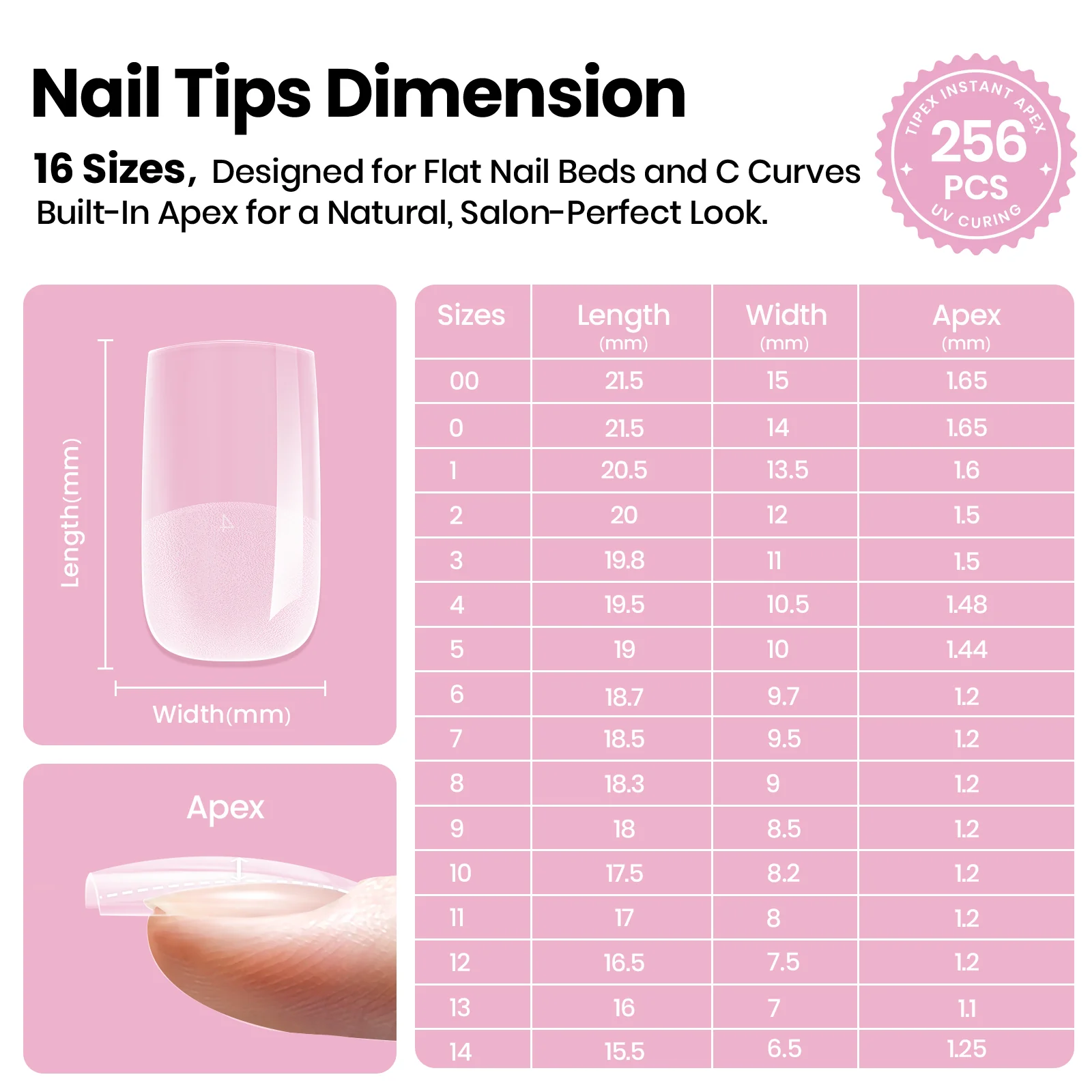 Beetles Stay Shinning Tipex Lite Instant Apex Nail Tips, Short Square, 256pcs 16 Sizes for DIY Salon-look Extensions - Image 4