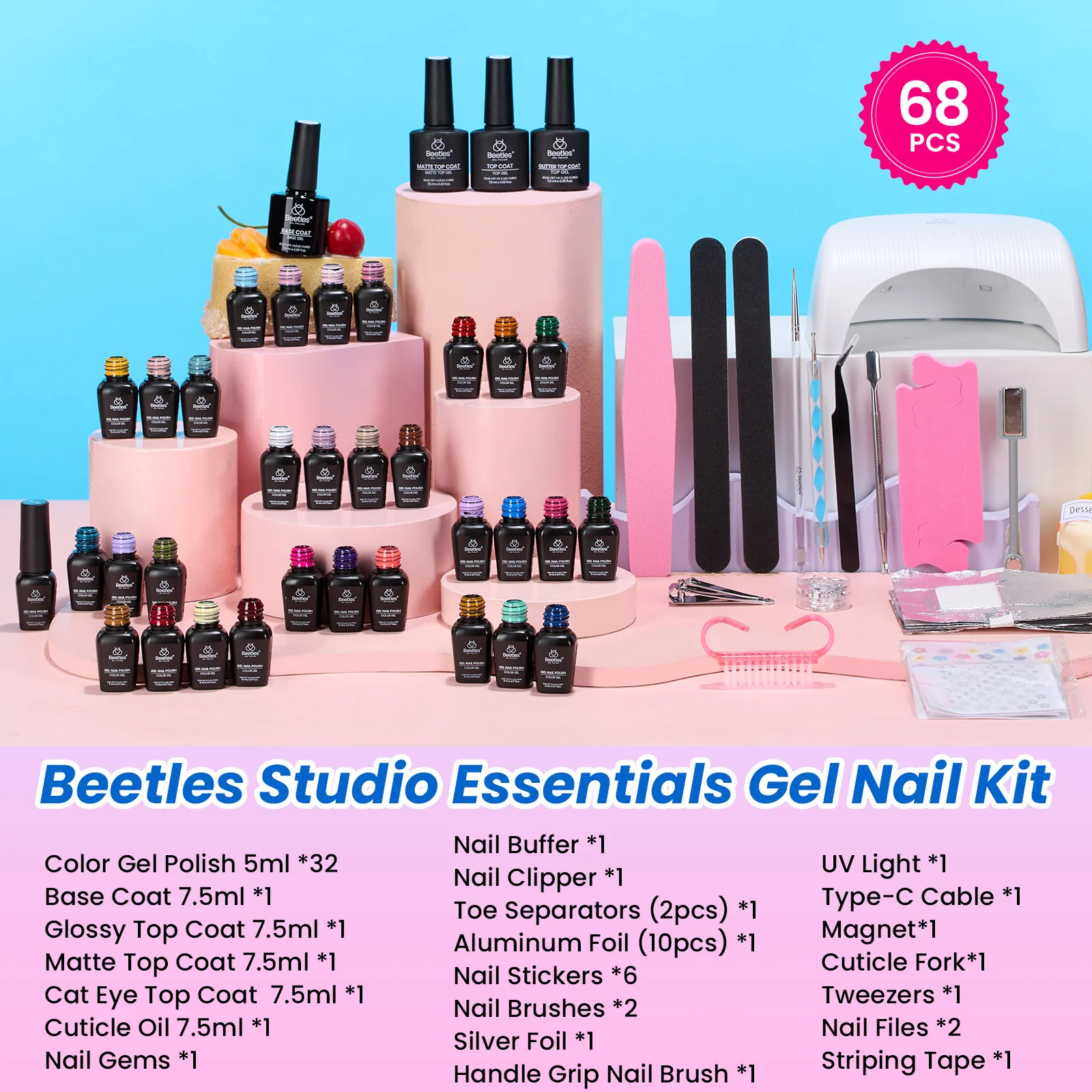 Beetles Gel Nail Starter Kit Studio Essentials TPO & HEMA Free 32 Colors 68 Pcs Summer Nails All-in-One Mani Kit - Image 3