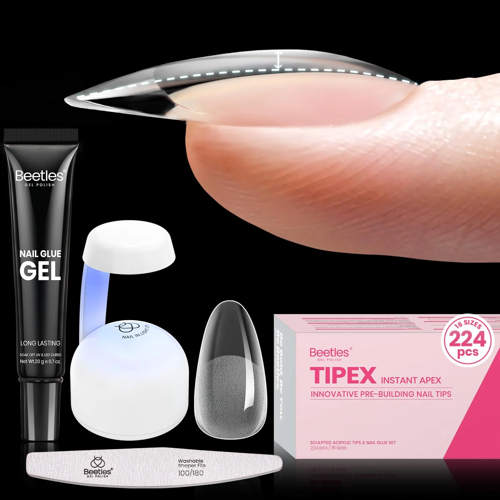 Beetles Tipex Instant Apex Nail Tips Kit - Medium Oval Almond 224Pcs 16 Sizes