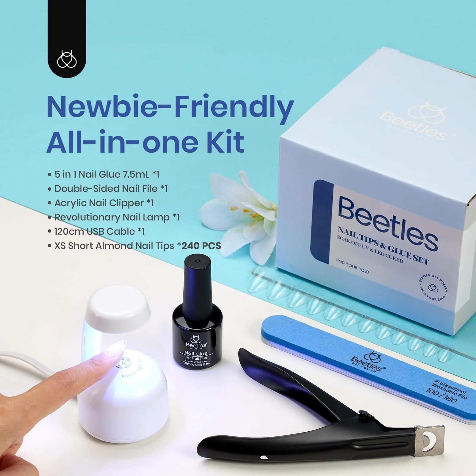 Beetles Gel Nail Kit, Short Almond Nail Tips Easy Extension Set 240 Pcs Pre Shaped Clear Full Cover Fake Nails Tips with 5 In 1 Nail Glue Uv Led Lamp DIY Manicure Gifts for Women - Image 2