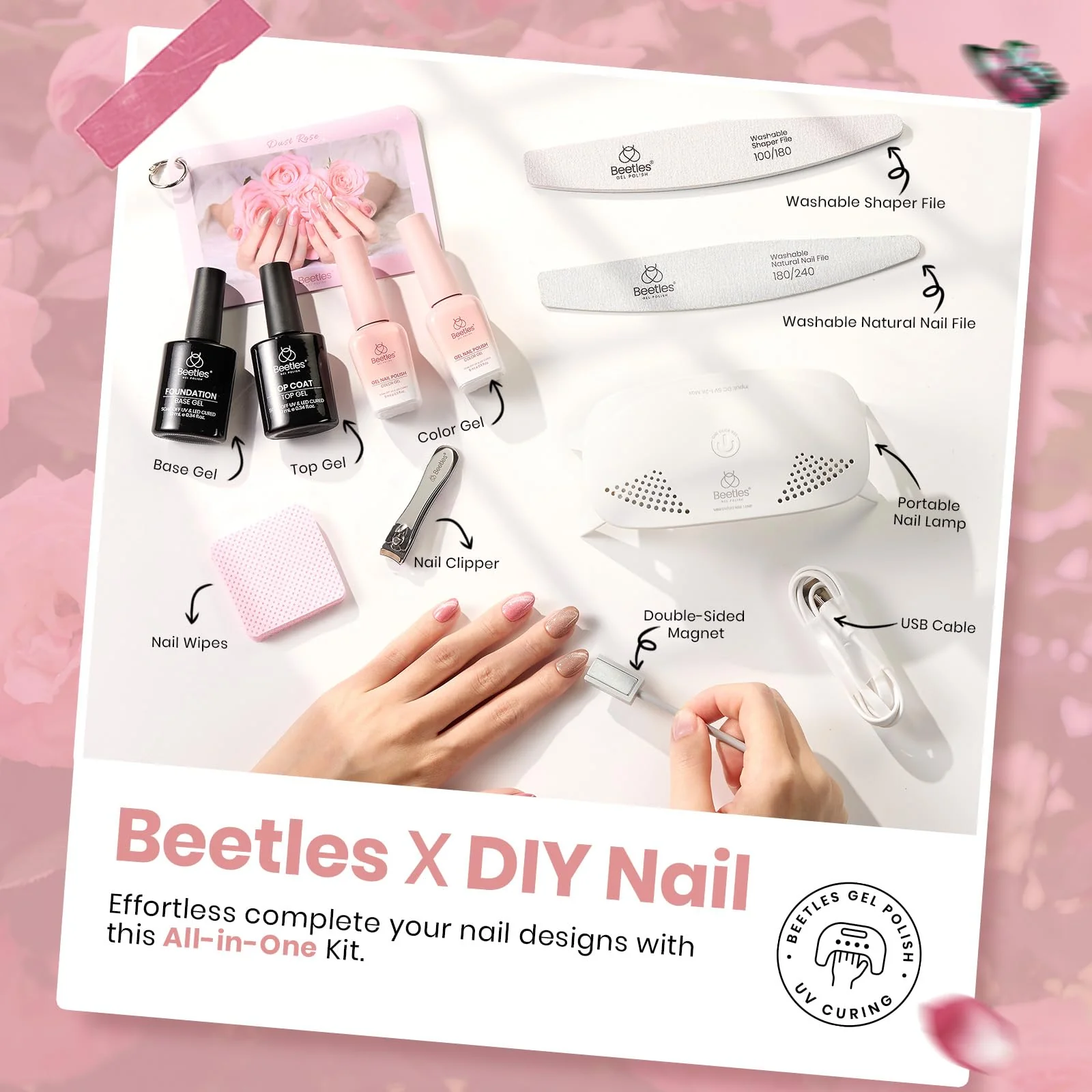 Beetles Gel Nail Starter Kit Dust Rose 4 Colors Pink Champagne Cat Eye All-in-One Mani Set - Image 2