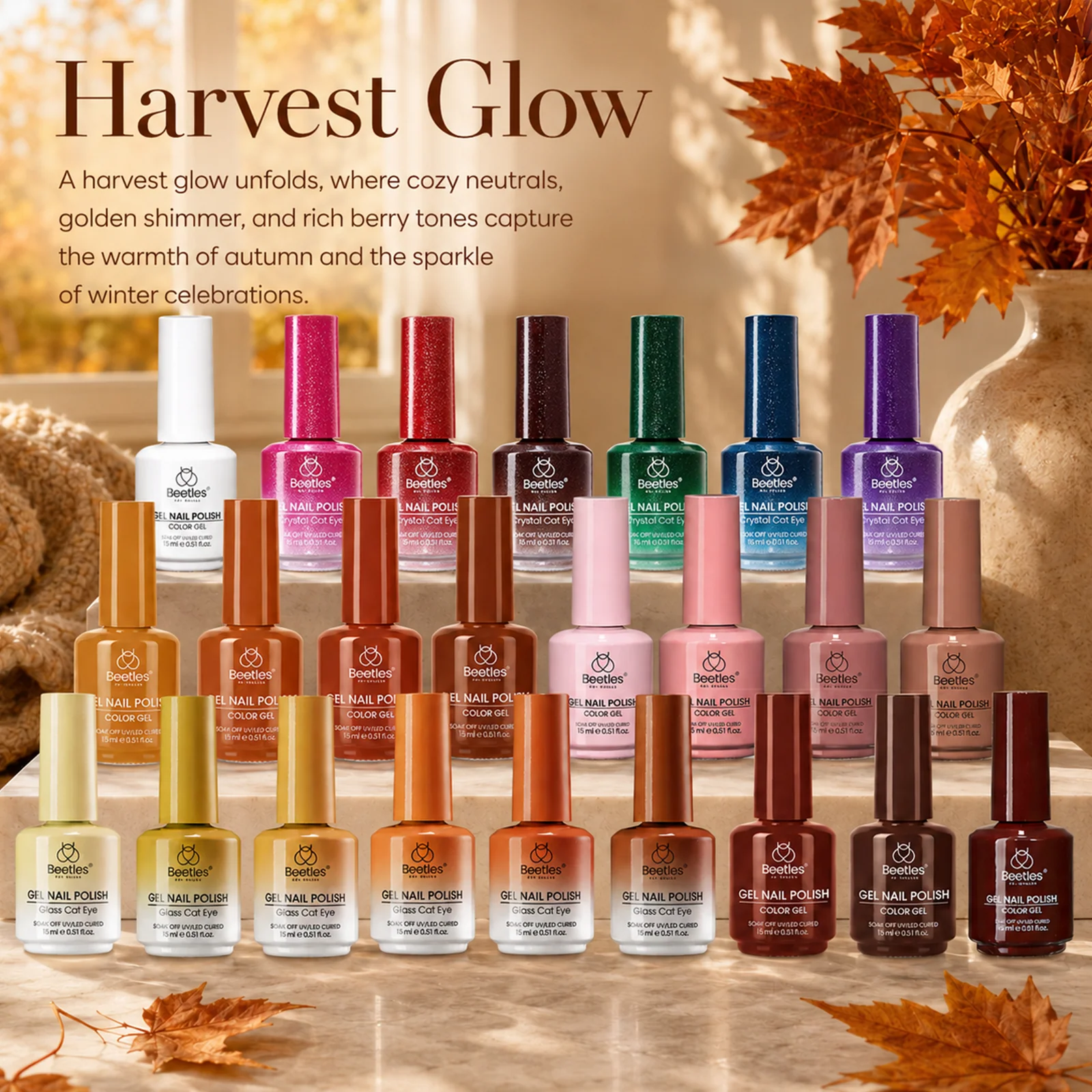 (Each 15ml) Harvest Glow - Beetles 24 Colors Autumn Winter Nails Gel Polish Set With Display Color Card - Image 2