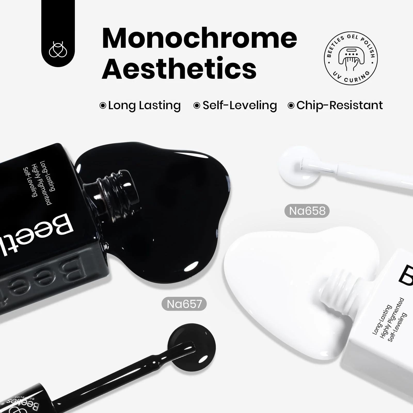 Hema-Free Monochrome Aesthetic Beetles Balck and White Gel Polish 2 Pcs 15ML - Image 2