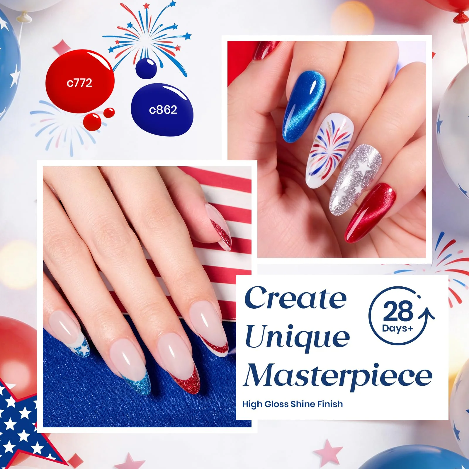 Independence Spark Colors| 6 Colors Cat Eye Gel Polish Set Red White and Glitter Blue - Image 4