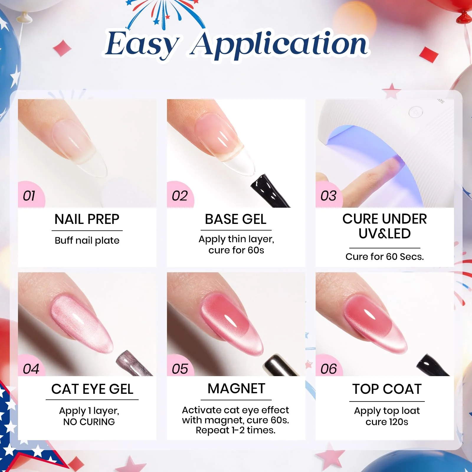 Independence Spark Colors| 6 Colors Cat Eye Gel Polish Set Red White and Glitter Blue - Image 8