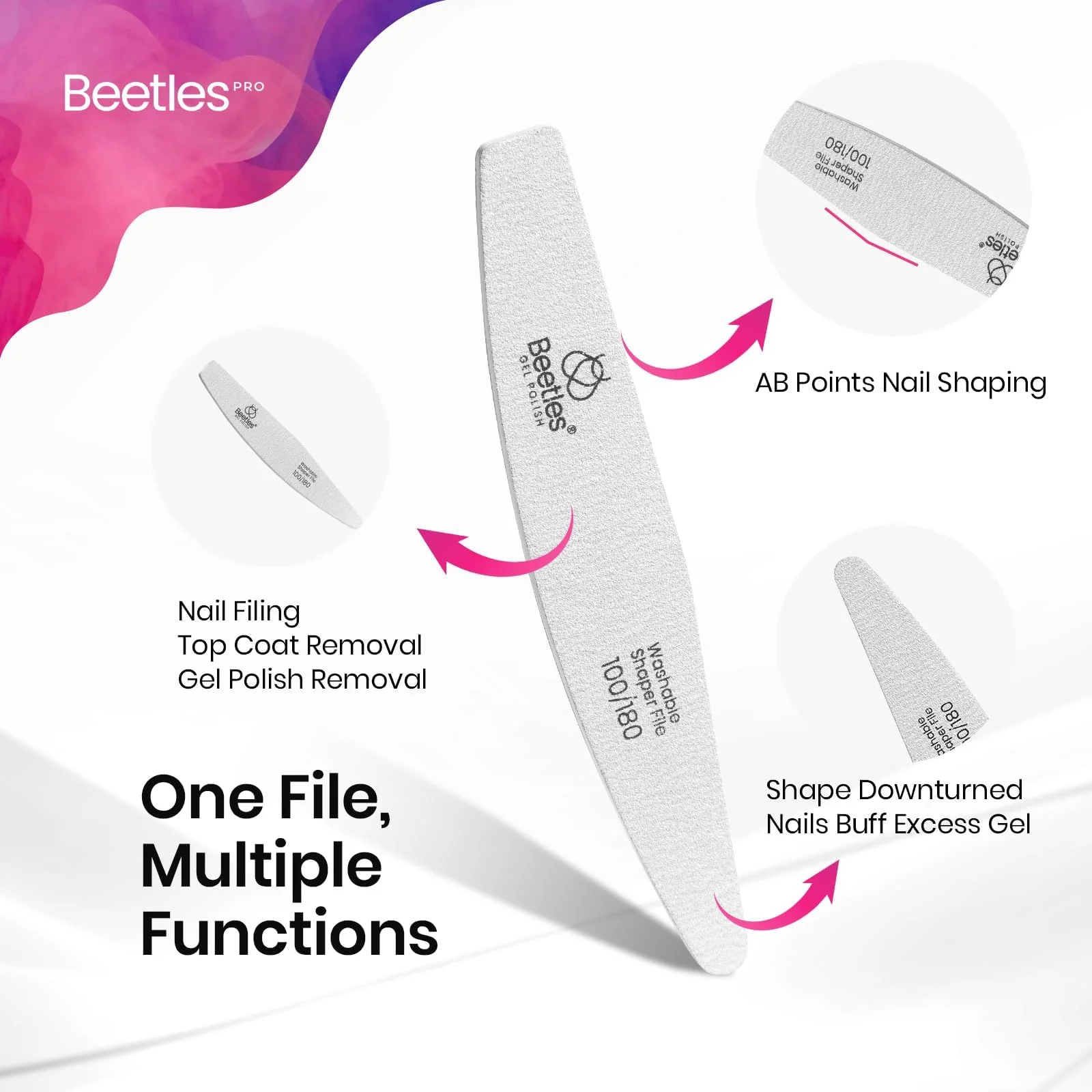 Professional Grade - 25 Pcs Beetles 2-in-1 Washable Nail File Zebra Gray Grit Durable - Image 3