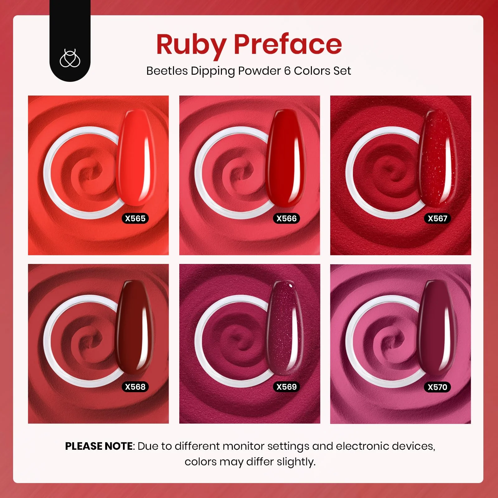 Ruby Preface |  6 color D powder Dip Red Nail Kit set - Image 2